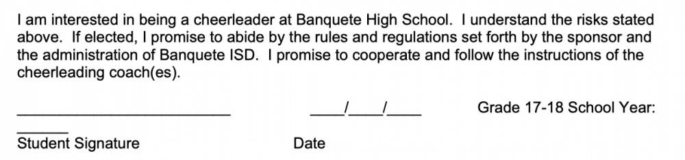 Verklaring in het Banquete Cheer Constitution die de cheerleader moet ondertekenen.