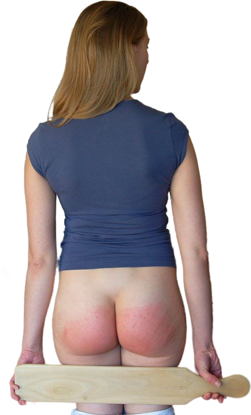 Een jonge vrouw heeft met een paddle op haar billen gekregen.